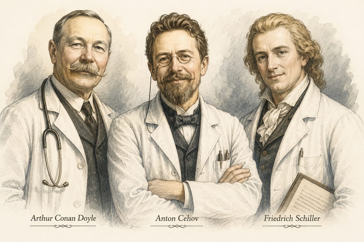 Arthur Conan Doyle, Anton Cehov și Friedrich Schiller, în halate albe