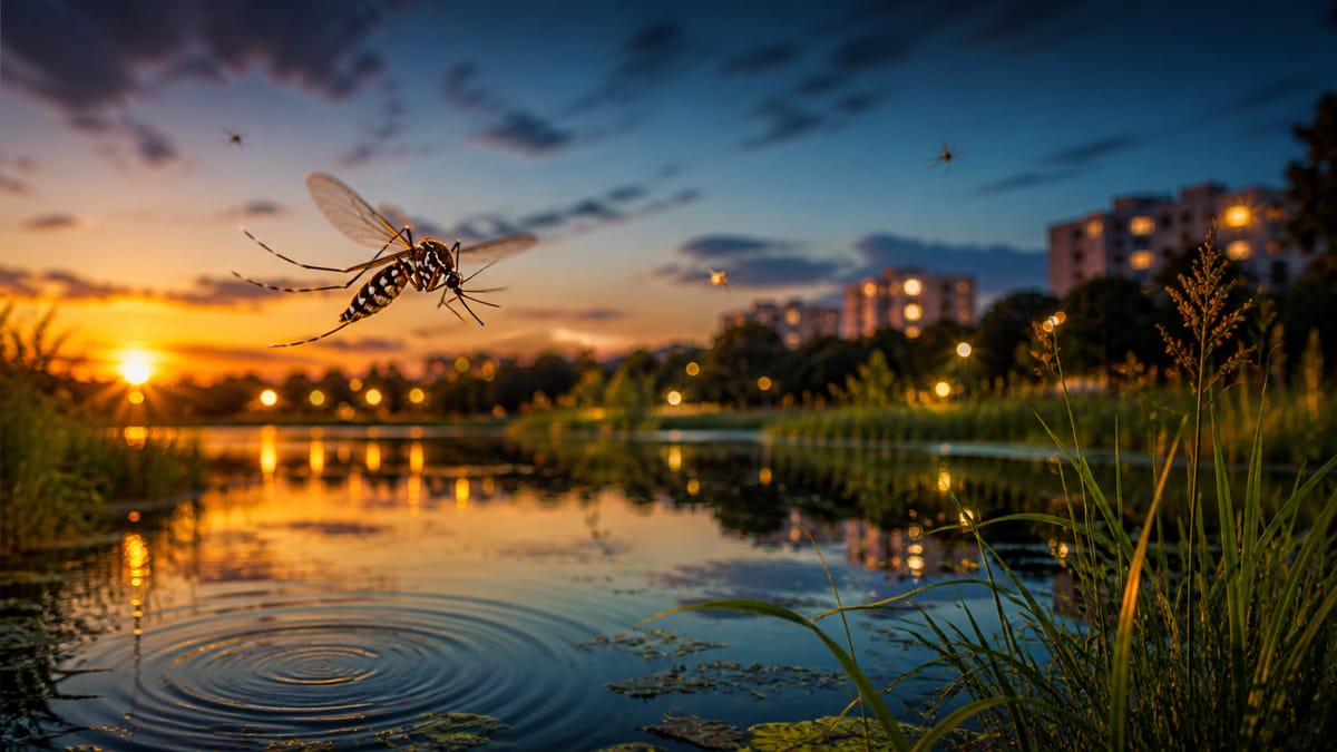 Țânțar tigru în zbor deasupra unui lac dintr-un parc urban, la apus