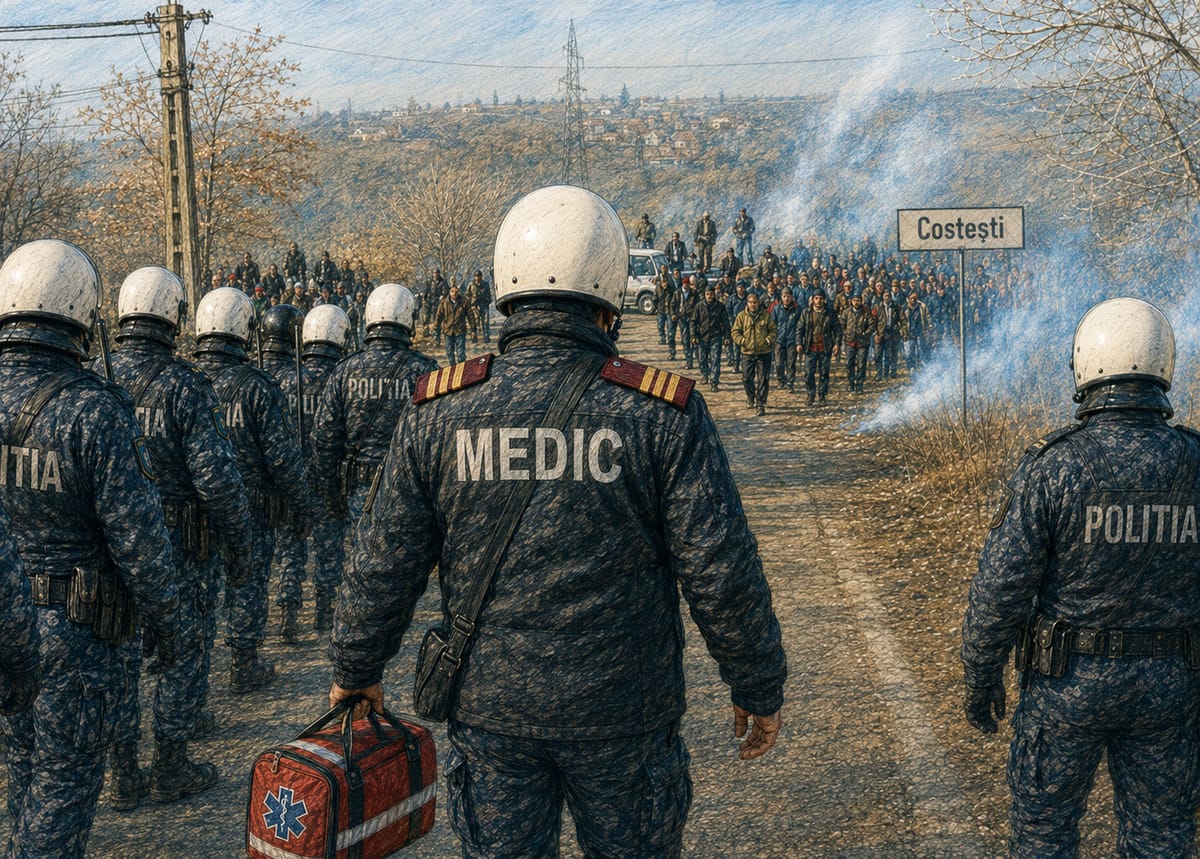 Medic cu trusa de urgență, între forțele de ordine și coloana de mineri, la intrarea în Costești